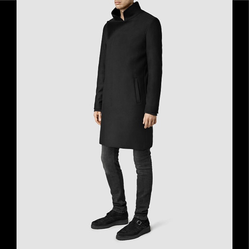 All Saints Black Banner Mens Overcoat Jacket EUC XL